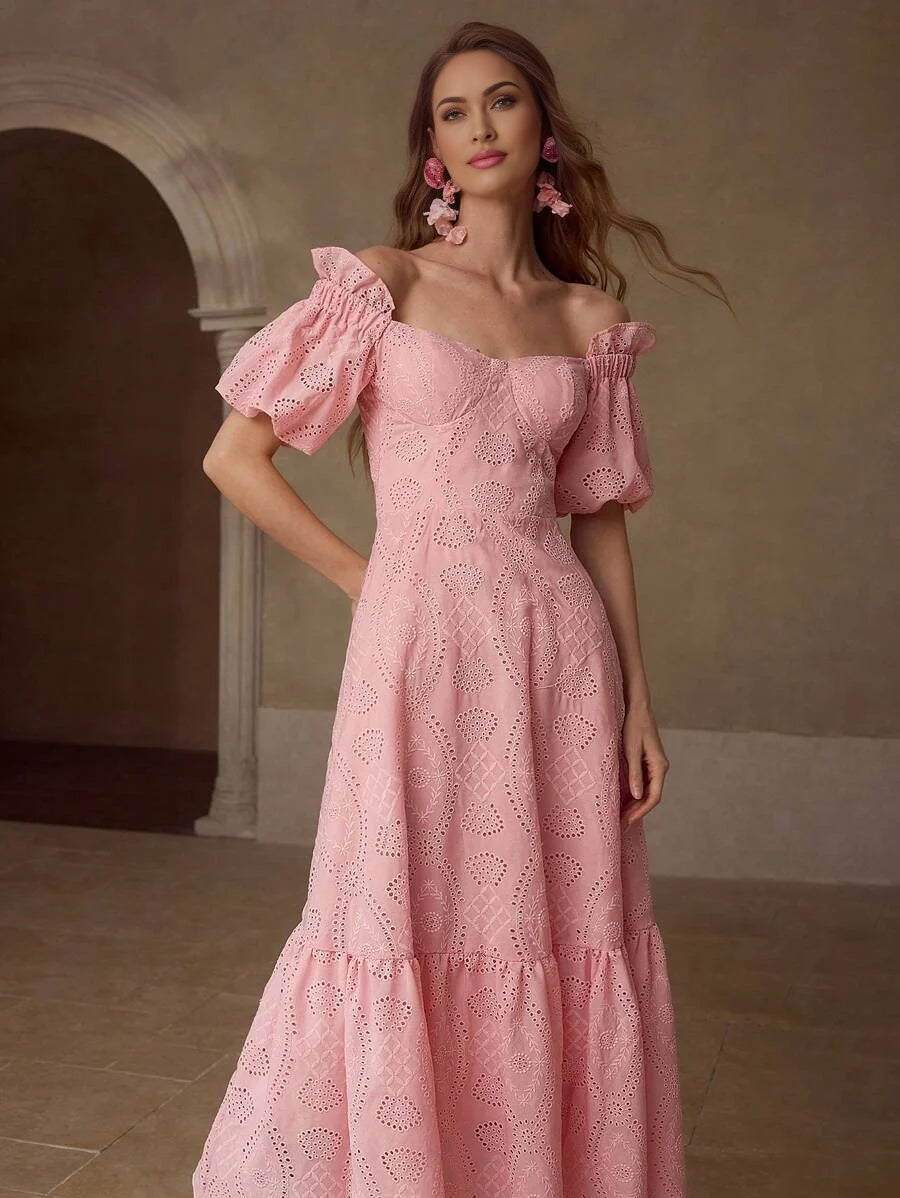 PREMIUM EYELET EMBROIDERY OFF SHOULDER DRESS