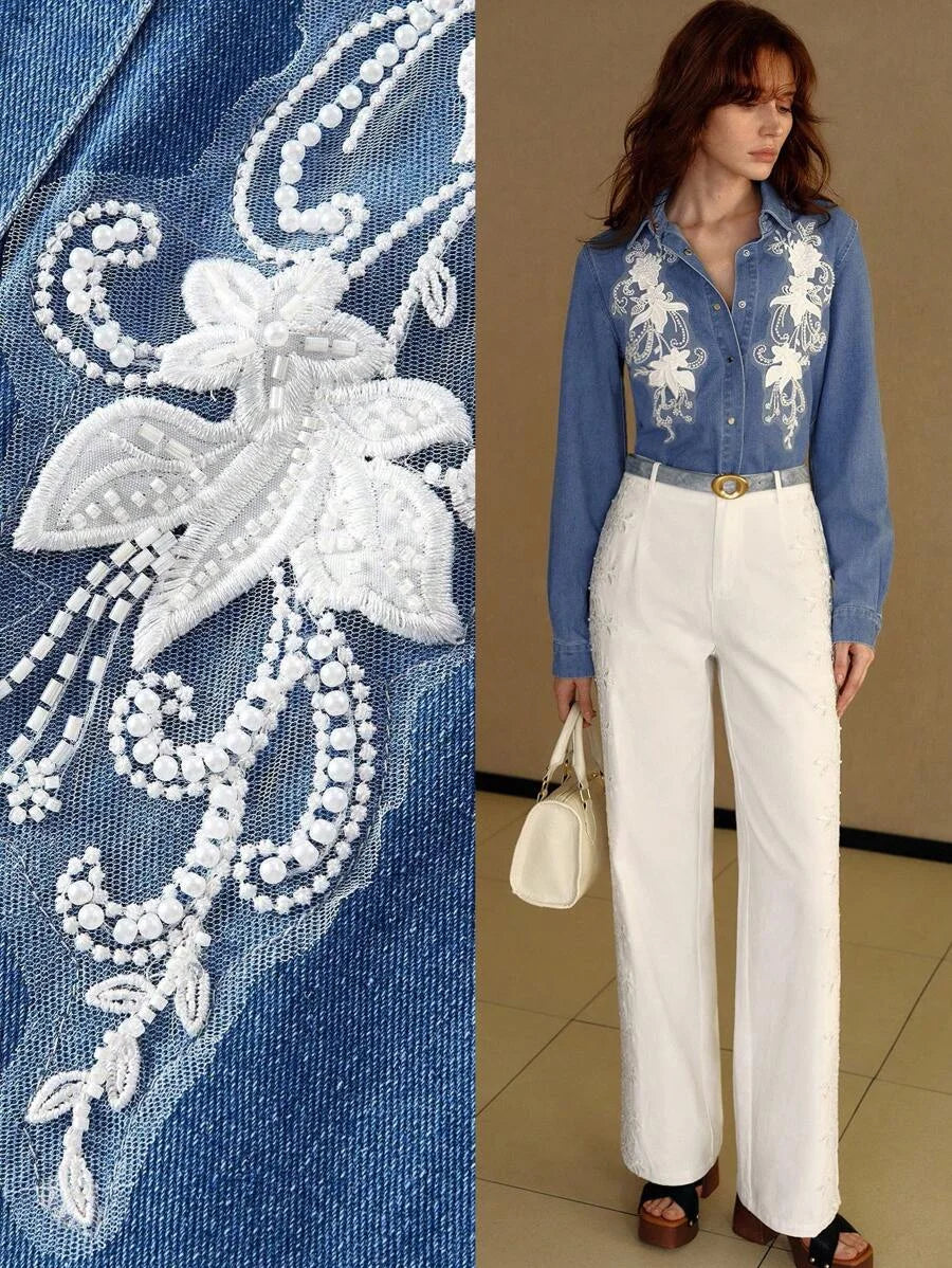 PREMIUM FAUX PEARL AND BEADED EMBROIDERY FLORAL MESH APPLIQUES DETAIL DENIM SHIRT