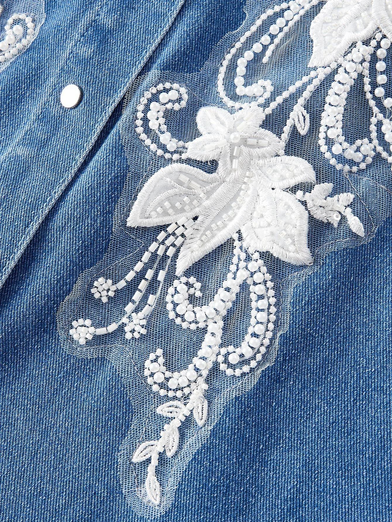 PREMIUM FAUX PEARL AND BEADED EMBROIDERY FLORAL MESH APPLIQUES DETAIL DENIM SHIRT