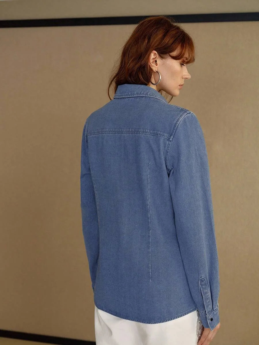 PREMIUM FAUX PEARL AND BEADED EMBROIDERY FLORAL MESH APPLIQUES DETAIL DENIM SHIRT