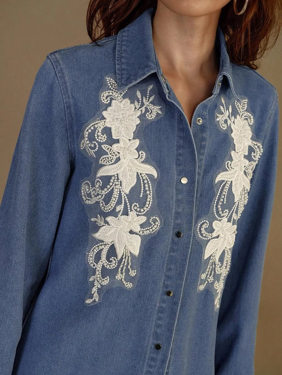 PREMIUM FAUX PEARL AND BEADED EMBROIDERY FLORAL MESH APPLIQUES DETAIL DENIM SHIRT