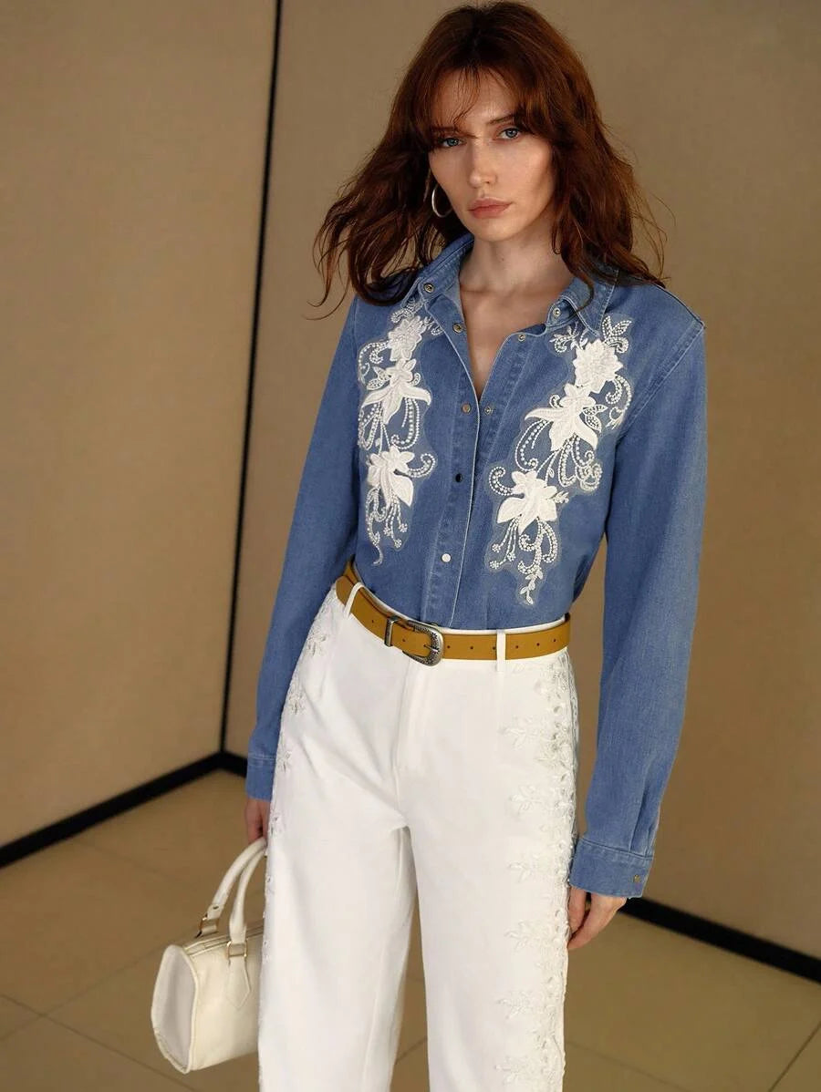 PREMIUM FAUX PEARL AND BEADED EMBROIDERY FLORAL MESH APPLIQUES DETAIL DENIM SHIRT