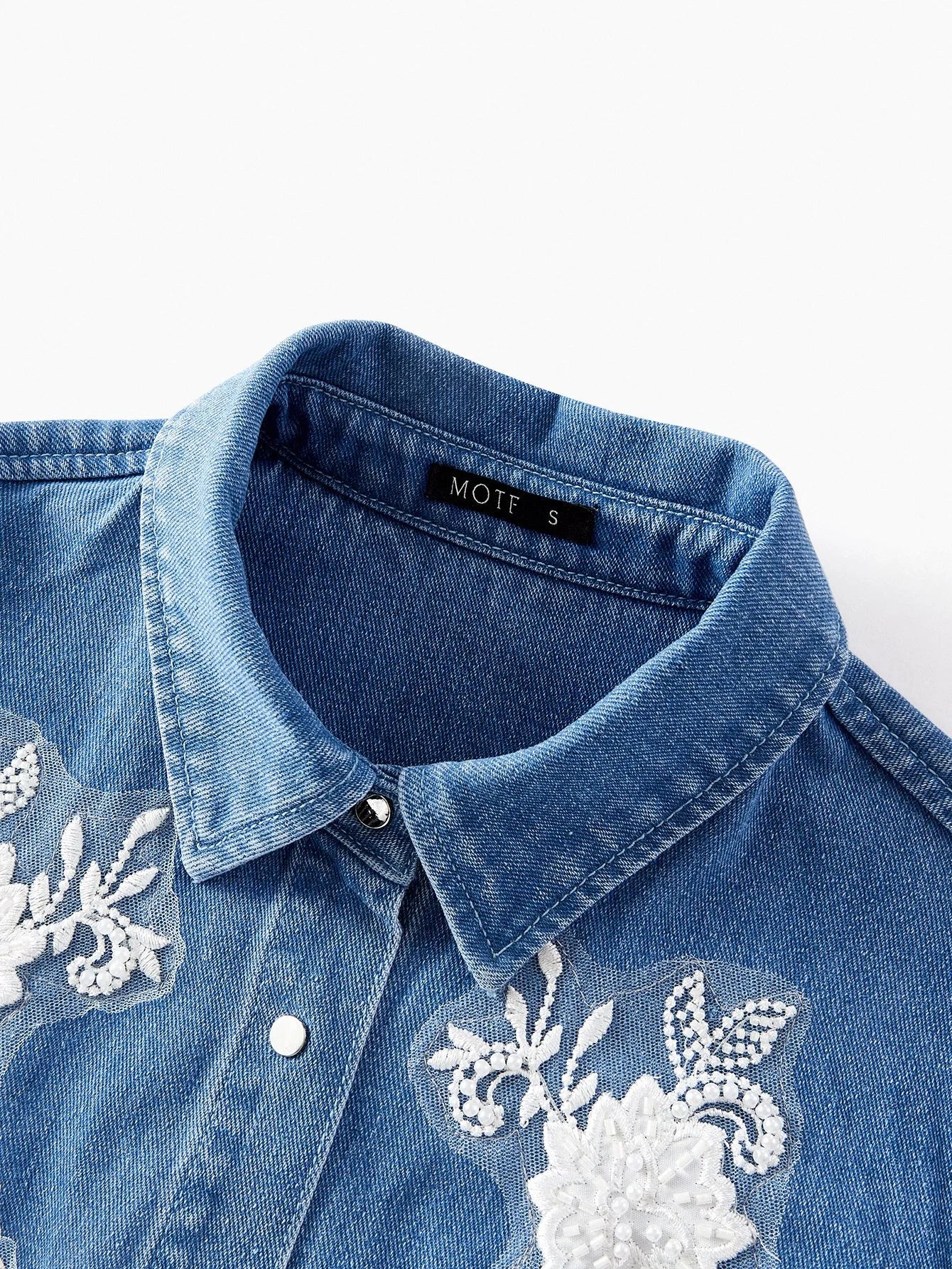 PREMIUM FAUX PEARL AND BEADED EMBROIDERY FLORAL MESH APPLIQUES DETAIL DENIM SHIRT