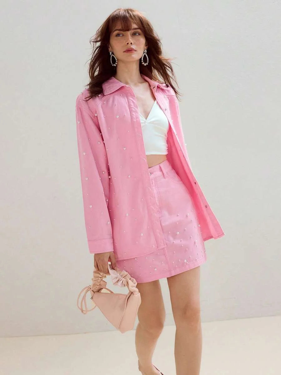 PREMIUM FAUX PEARL DETAIL DENIM SHIRT amp SKIRT SET