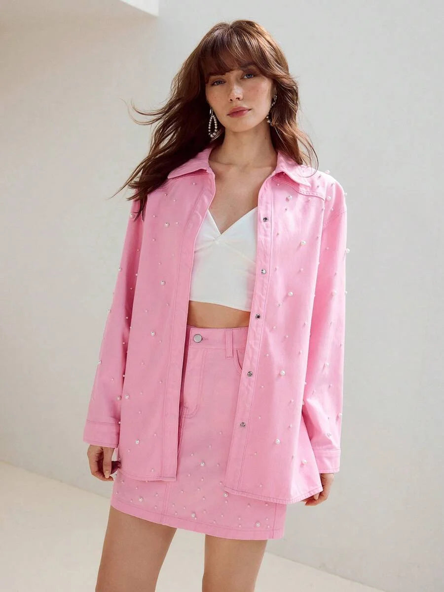 PREMIUM FAUX PEARL DETAIL DENIM SHIRT amp SKIRT SET