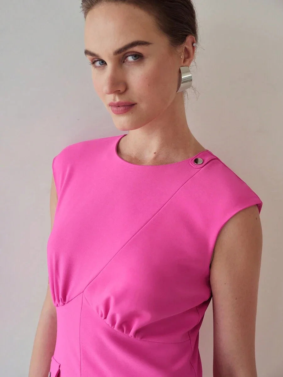 PREMIUM FLAP DETAIL SPLIT HEM CAP SLEEVE DRESS
