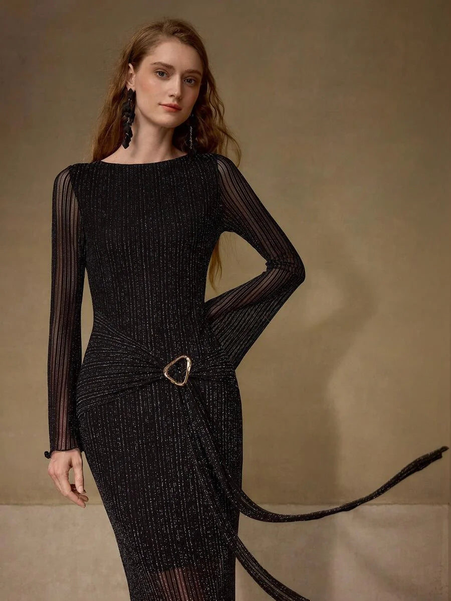 PREMIUM FLARE SLEEVE SLIMFIT MESH KNIT BACKLESS DRESS