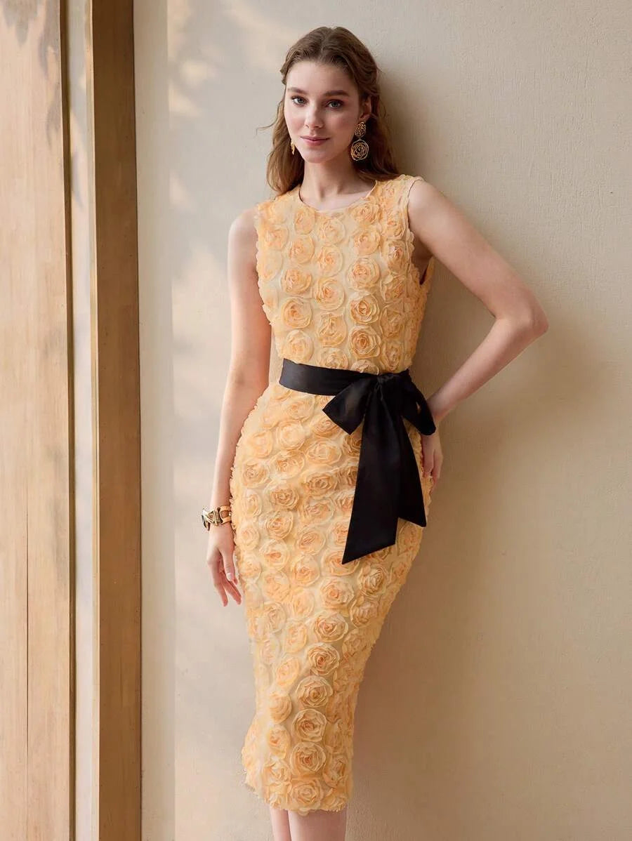 PREMIUM FLORAL APPLIQUED SPLIT HEM MIDI DRESS WOMEN OUTFIT