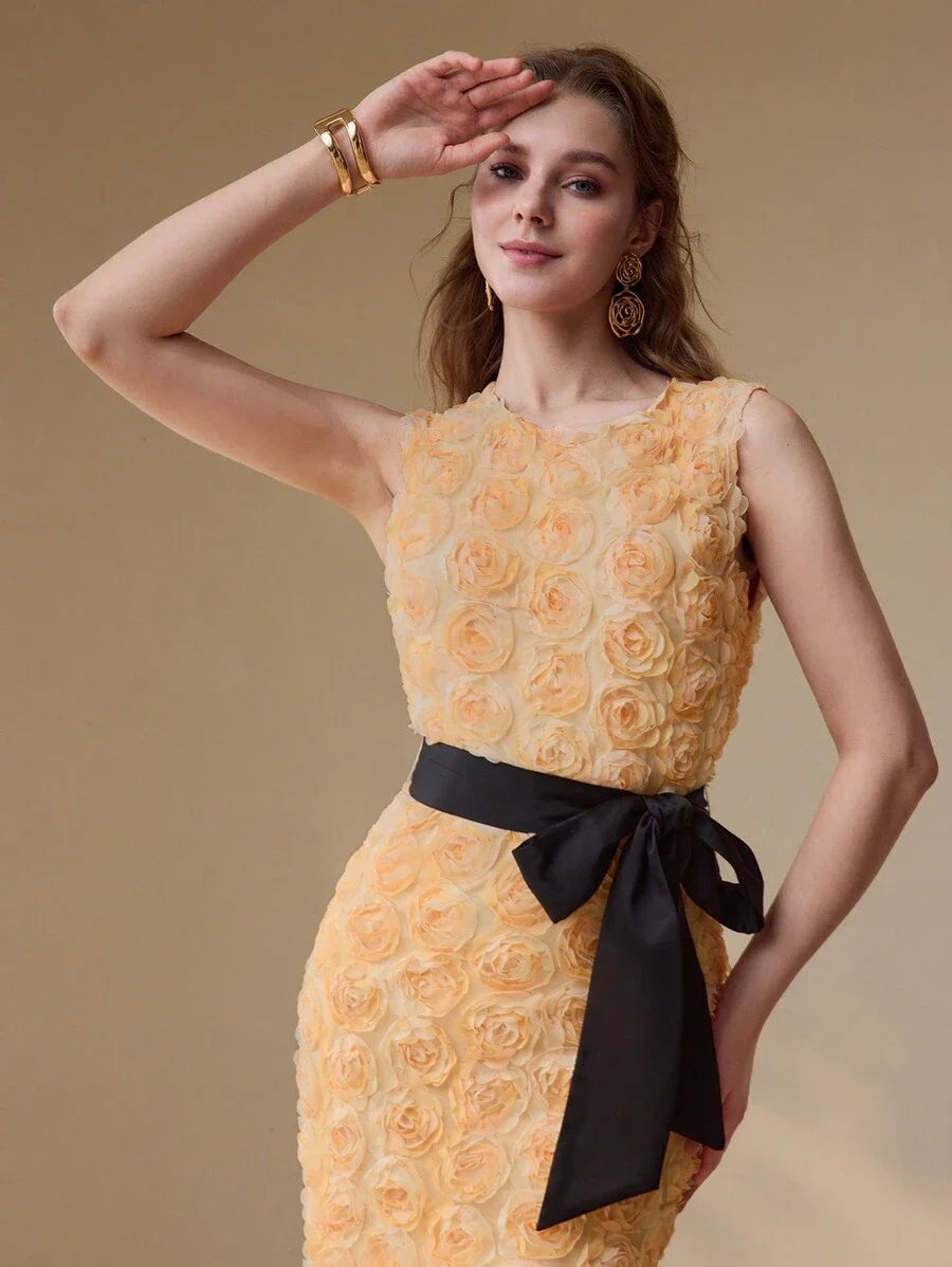 PREMIUM FLORAL APPLIQUED SPLIT HEM MIDI DRESS WOMEN OUTFIT