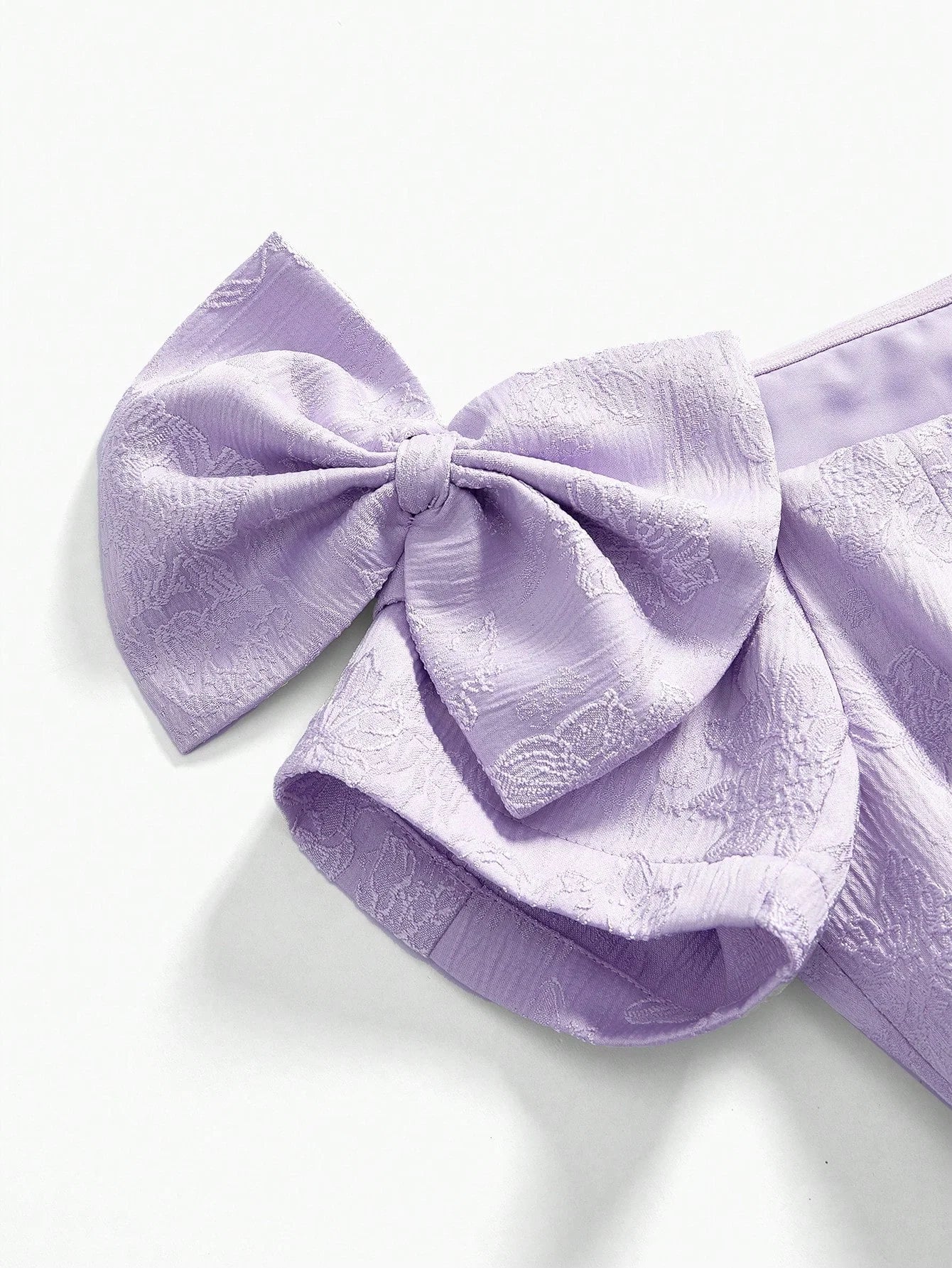 PREMIUM FLORAL JACQUARD OFF SHOULDER BOW DECOR RHINESTONE DETAIL DRESS