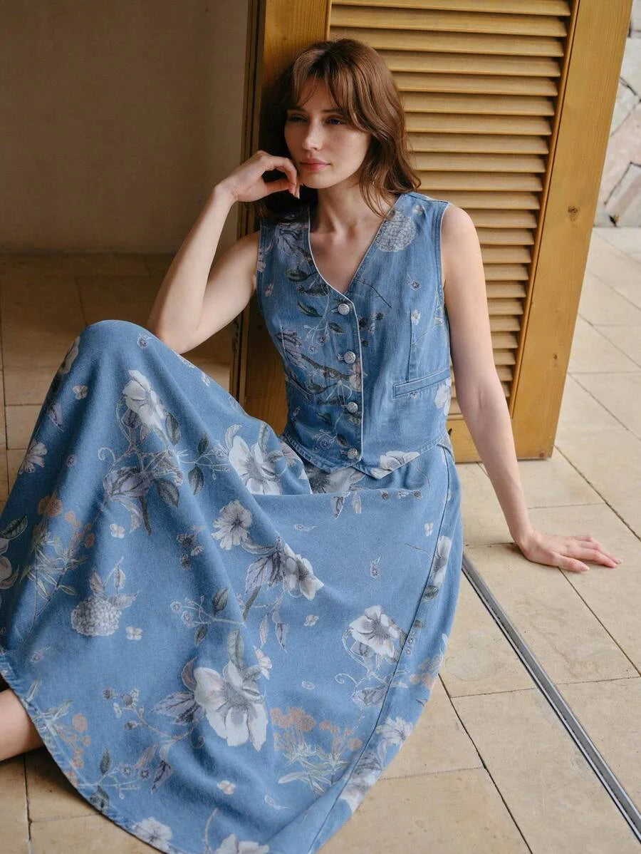 PREMIUM FLORAL PRINT BUTTON UP DENIM WAISTCOAT
