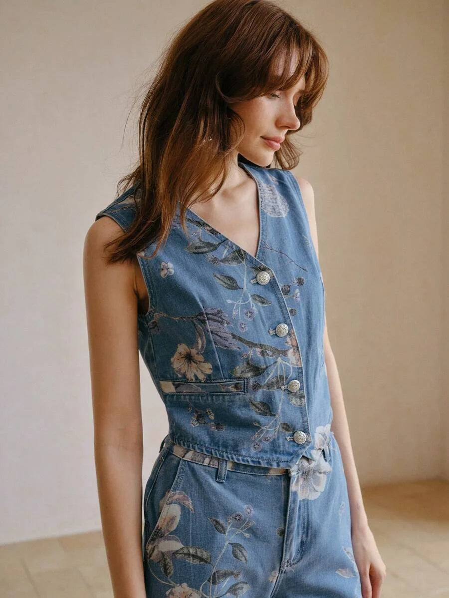 PREMIUM FLORAL PRINT BUTTON UP DENIM WAISTCOAT