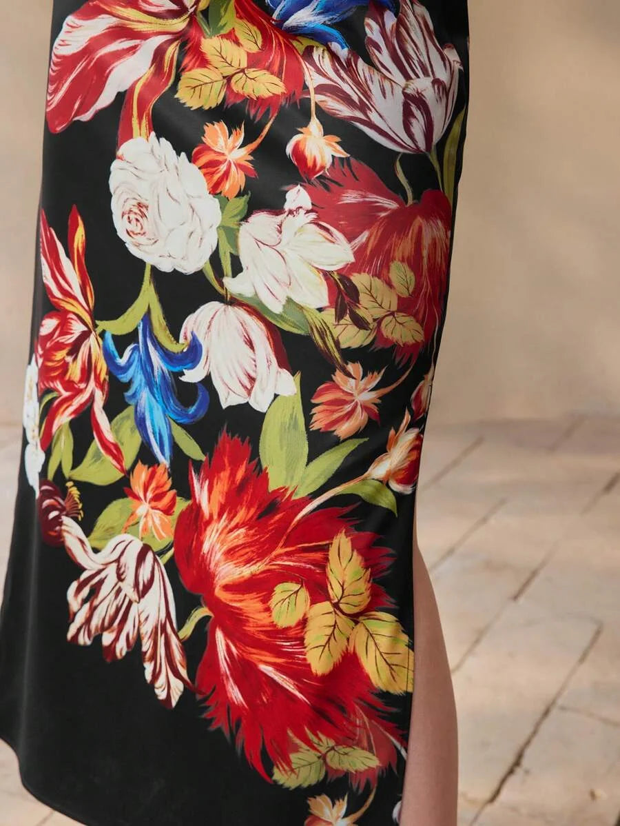 PREMIUM FLORAL PRINT THIGH SLIT DRESS