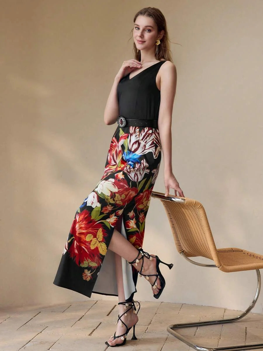 PREMIUM FLORAL PRINT THIGH SLIT DRESS