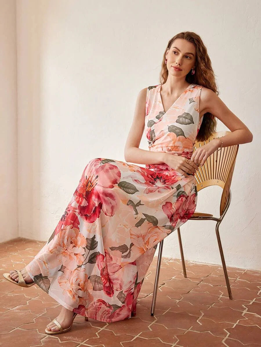 PREMIUM FLORAL PRINT VNECK RUCHED WAIST DRESS