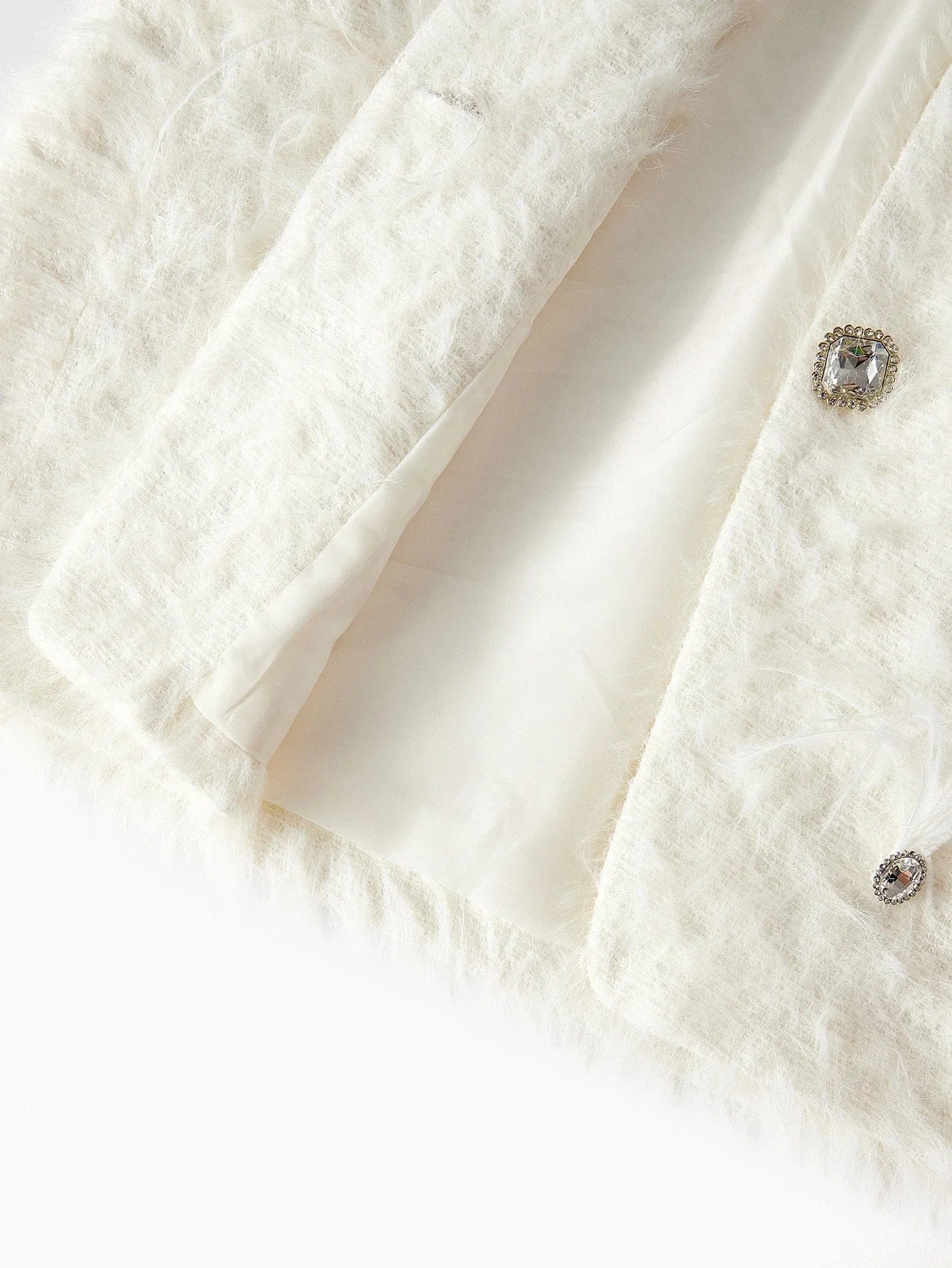 PREMIUM FUZZY LAPEL COLLAR DOUBLE BREASTED PLACKET RHINESTONE DETAIL OVERCOAT