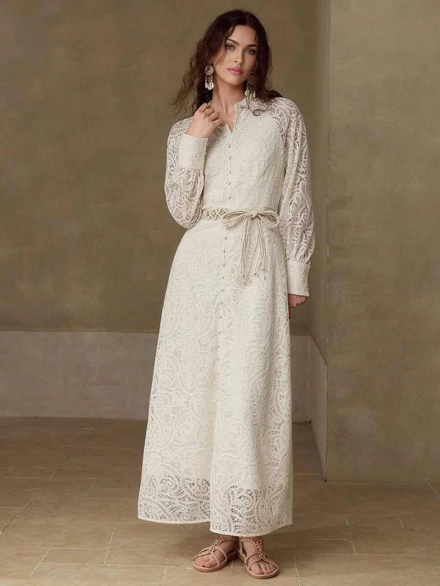 PREMIUM GUIPURE LACE BELTED DRESS