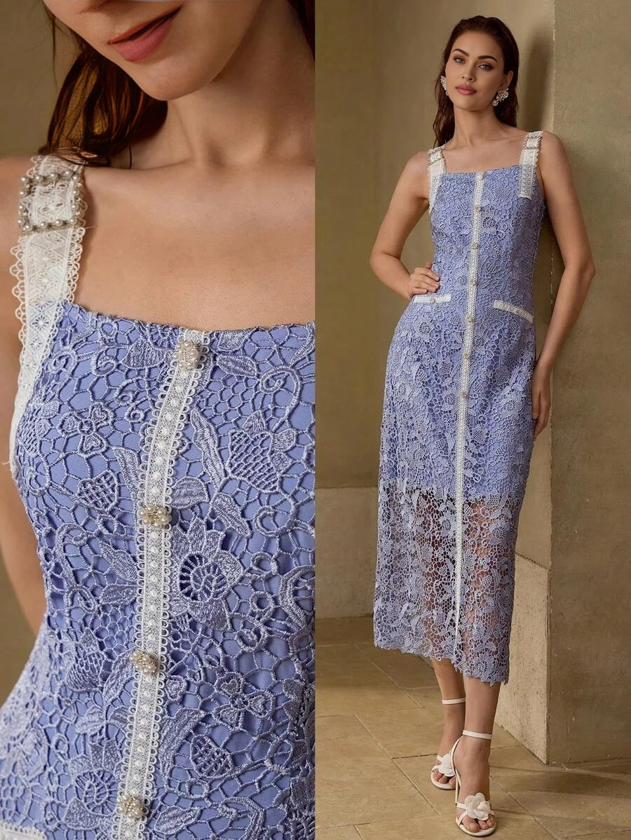 PREMIUM GUIPURE LACE FAUX PEARL TRIM DRESS