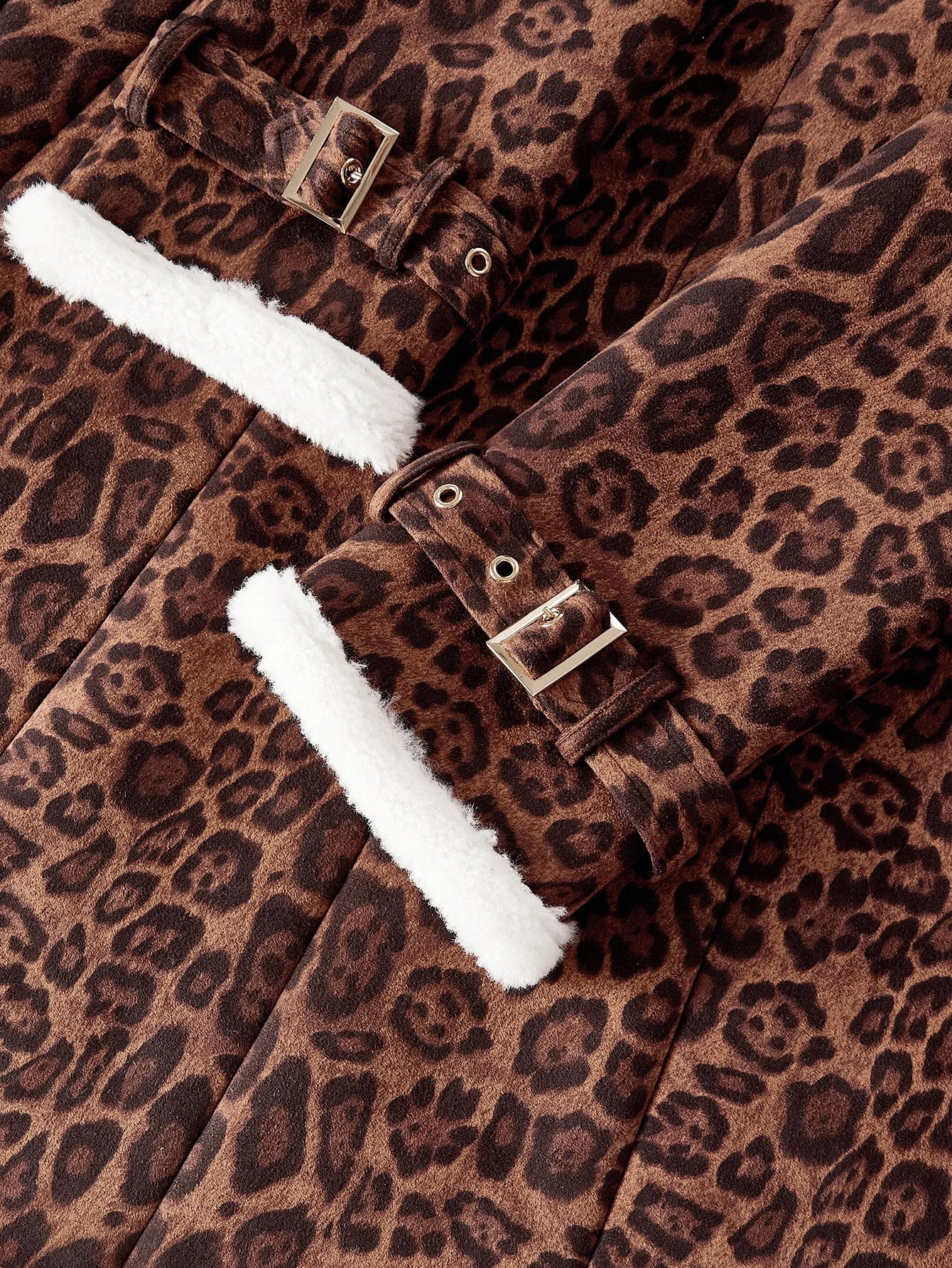 PREMIUM LEOPARD PRINT CONTRAST TEDDY PANEL BELTED FAUX FUR COAT
