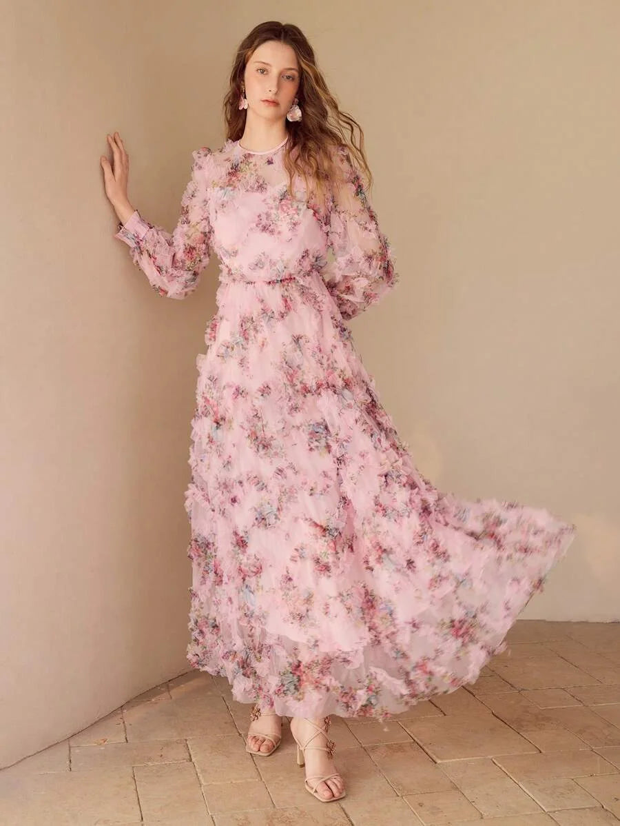 PREMIUM MESH FLORAL PRINT FLOWY DRESS
