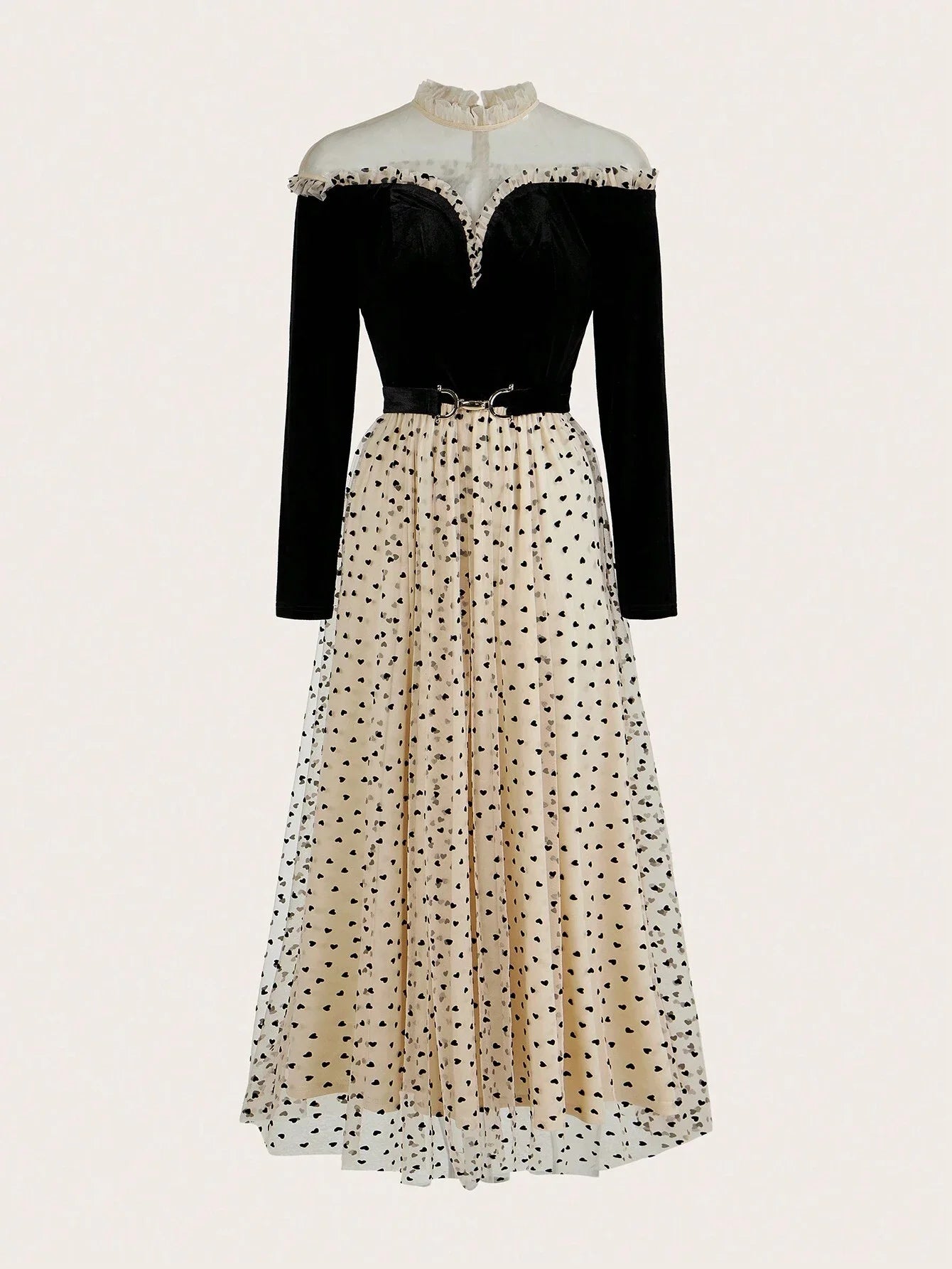PREMIUM MESH PANEL HEART PRINT FRILL MOCK NECK BELTED LONG DRESS WOMEN OUTFIT