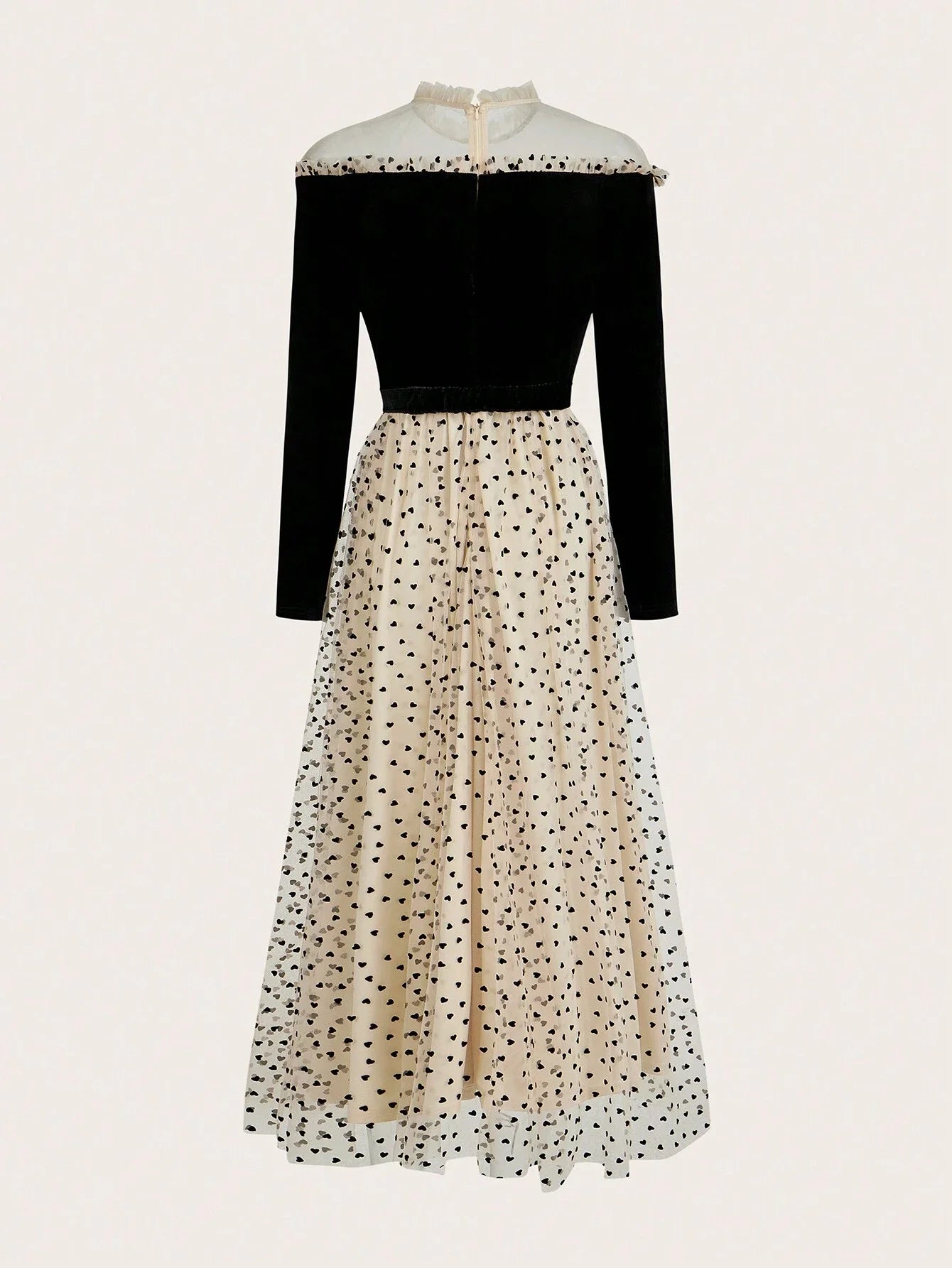 PREMIUM MESH PANEL HEART PRINT FRILL MOCK NECK BELTED LONG DRESS WOMEN OUTFIT
