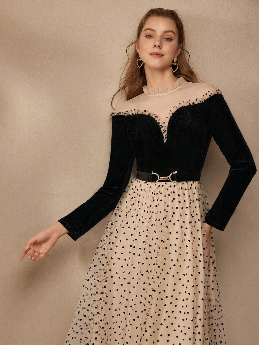 PREMIUM MESH PANEL HEART PRINT FRILL MOCK NECK BELTED LONG DRESS WOMEN OUTFIT