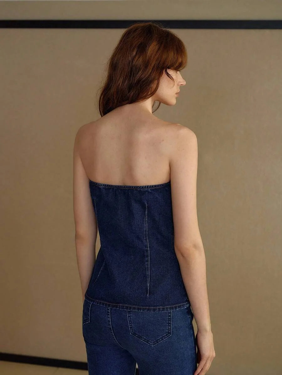 PREMIUM METAL FLAP DETAIL TUBE DENIM TOP