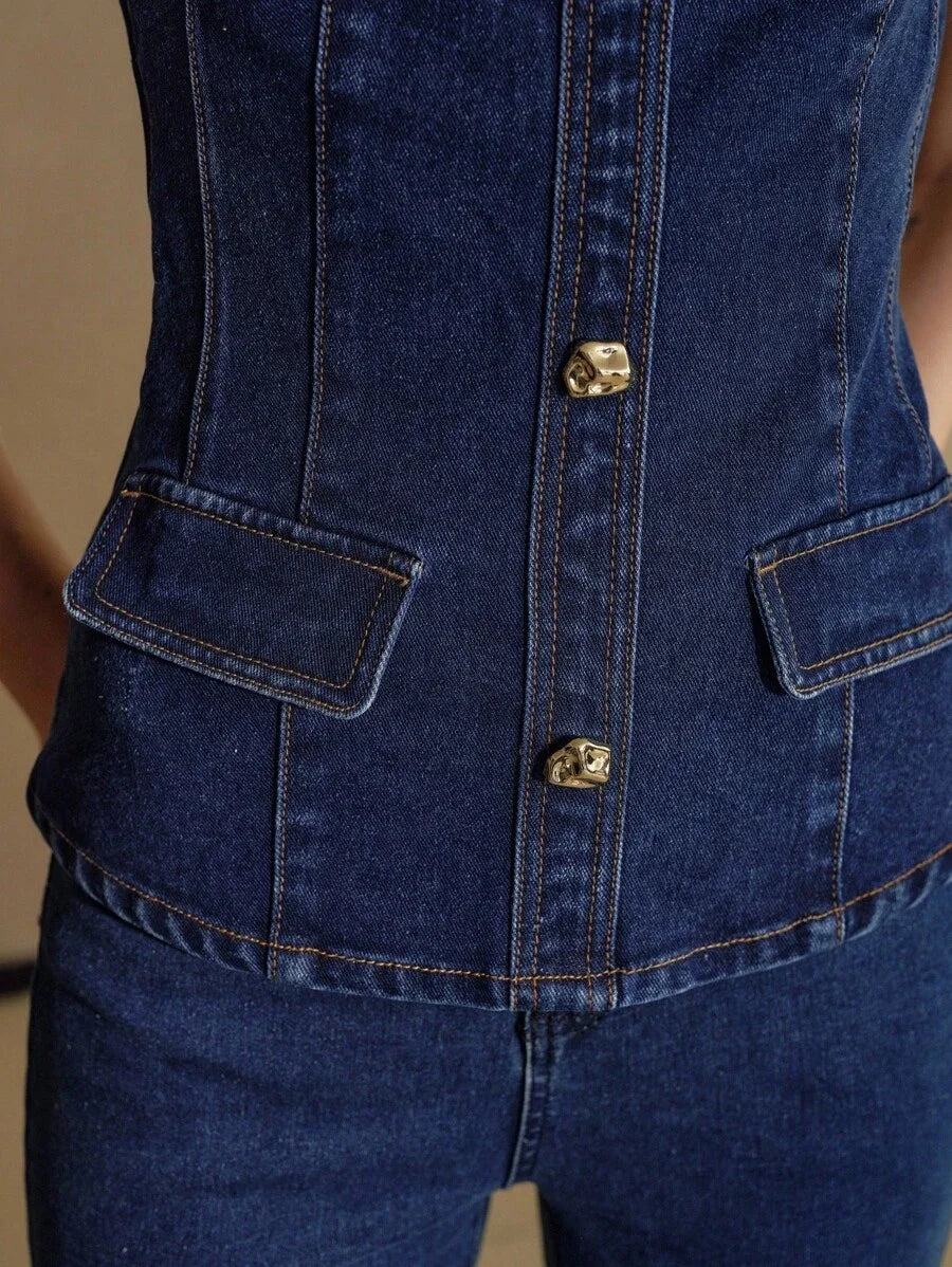 PREMIUM METAL FLAP DETAIL TUBE DENIM TOP