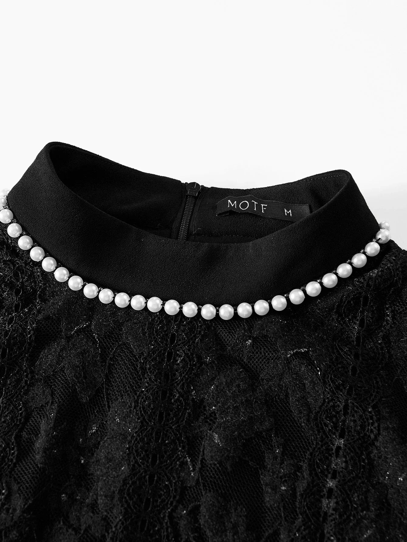 PREMIUM MOCK NECK FAUX PEARL DETAIL LACE BODICE LANTERN SLEEVE SHORT DRESS