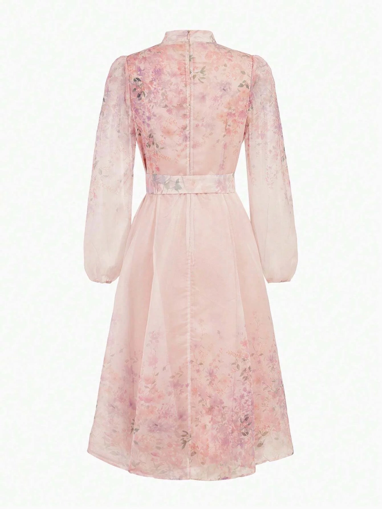 PREMIUM ORGANZA FLORAL PRINT BELTED DRESS