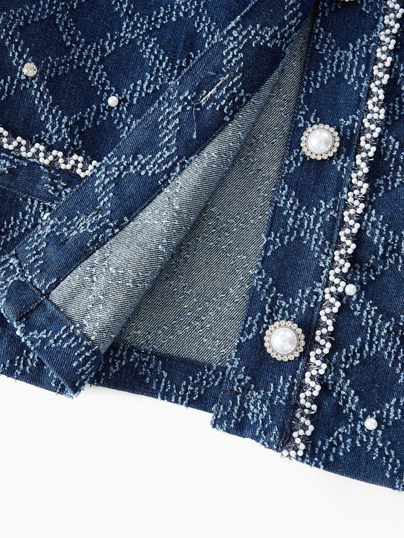 PREMIUM PLAID PATTERN RHINESTONE DETAIL FAUX PEARL BUTTON PLACKET DENIM JACKET amp SKIRT SET