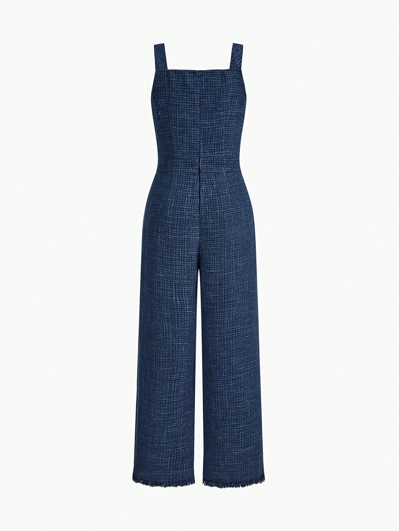 PREMIUM PLAID PRINT SLANT POCKET RAW HEM FLARE LEG OVERALL JUMPSUIT WITHOUT BLACK SWEATER AND BELT