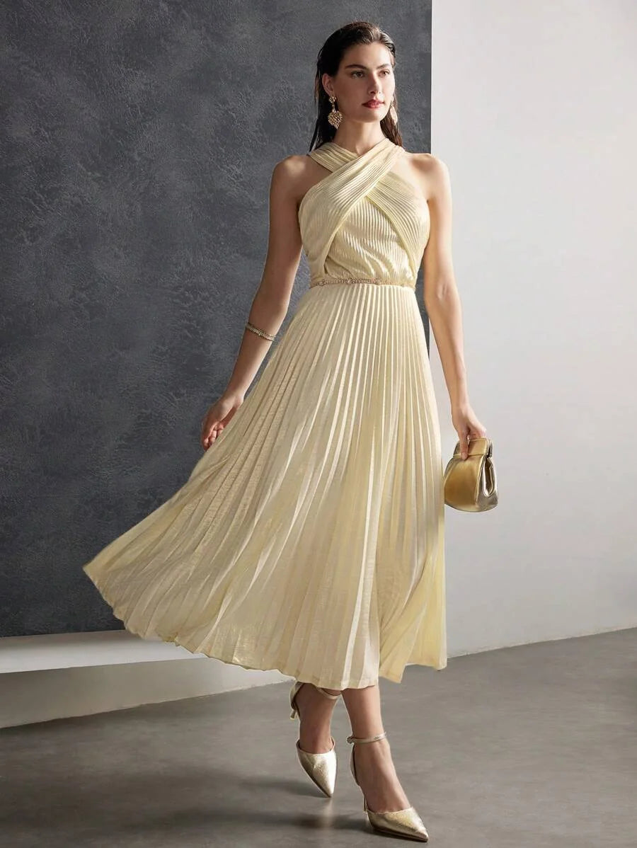 PREMIUM PLISSE CRISSCROSS HALTER DRESS
