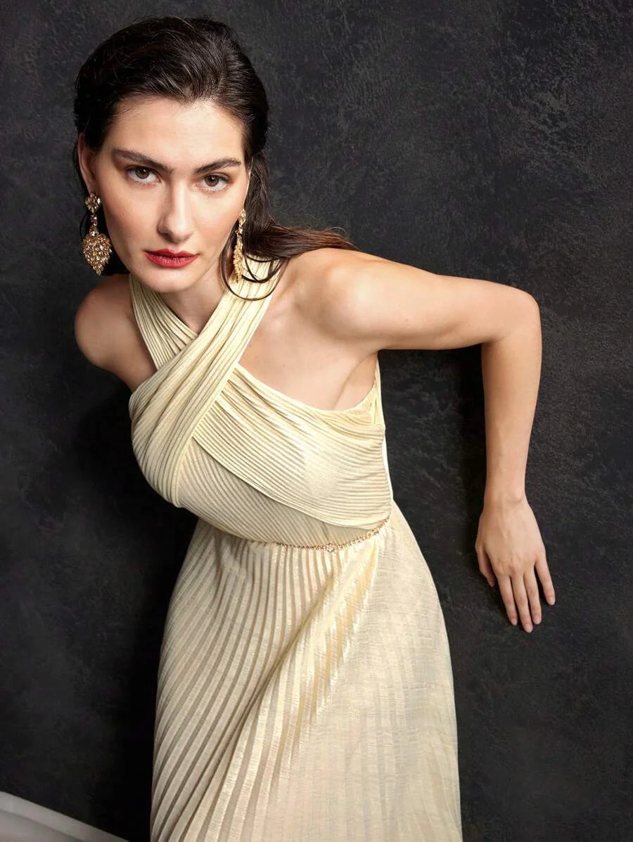 PREMIUM PLISSE CRISSCROSS HALTER DRESS
