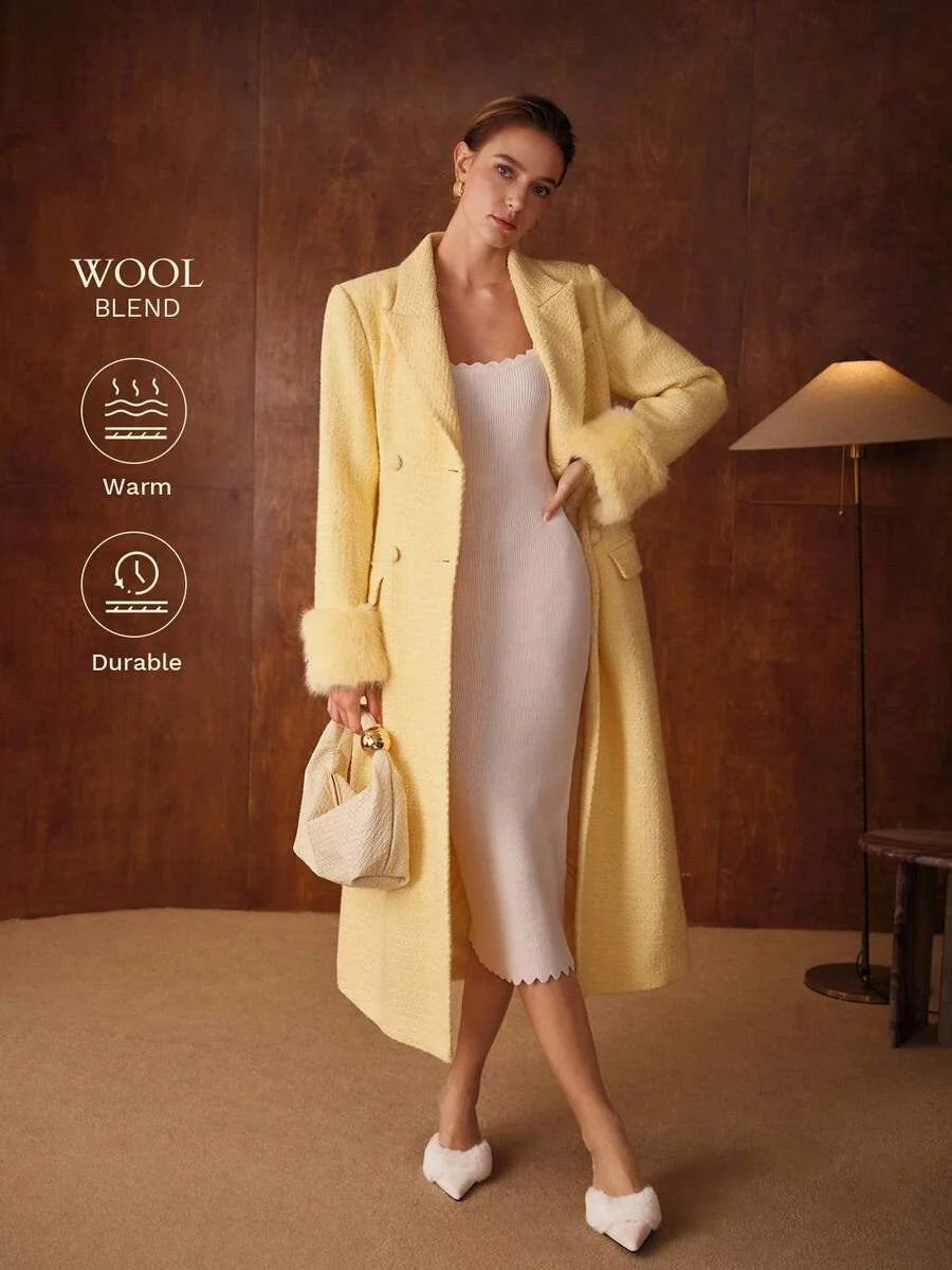 PREMIUM PLUSH SLEEVE PATCHWORK LONG WOOL BLEND OVERCOAT AUTUMNWINTER