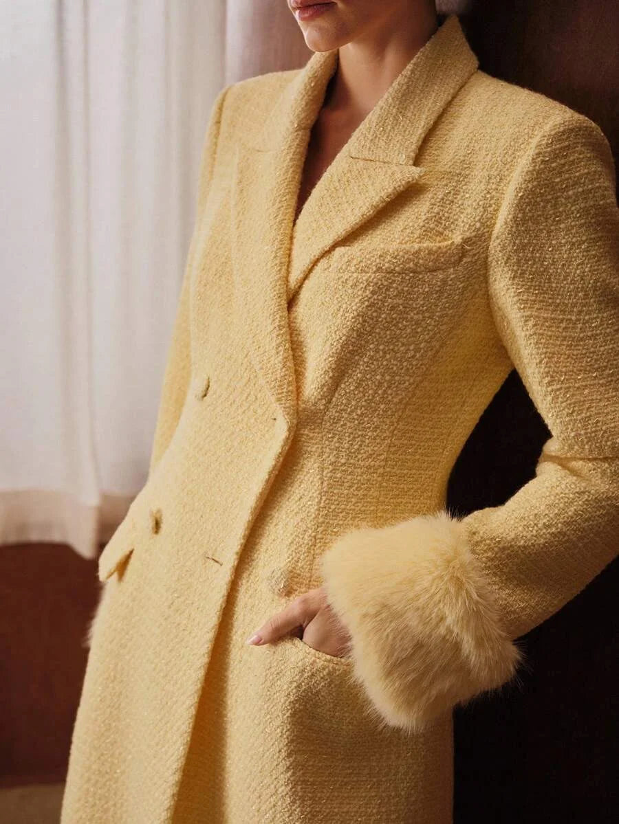 PREMIUM PLUSH SLEEVE PATCHWORK LONG WOOL BLEND OVERCOAT AUTUMNWINTER