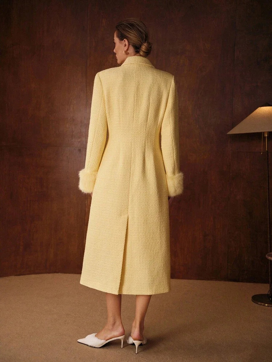 PREMIUM PLUSH SLEEVE PATCHWORK LONG WOOL BLEND OVERCOAT AUTUMNWINTER