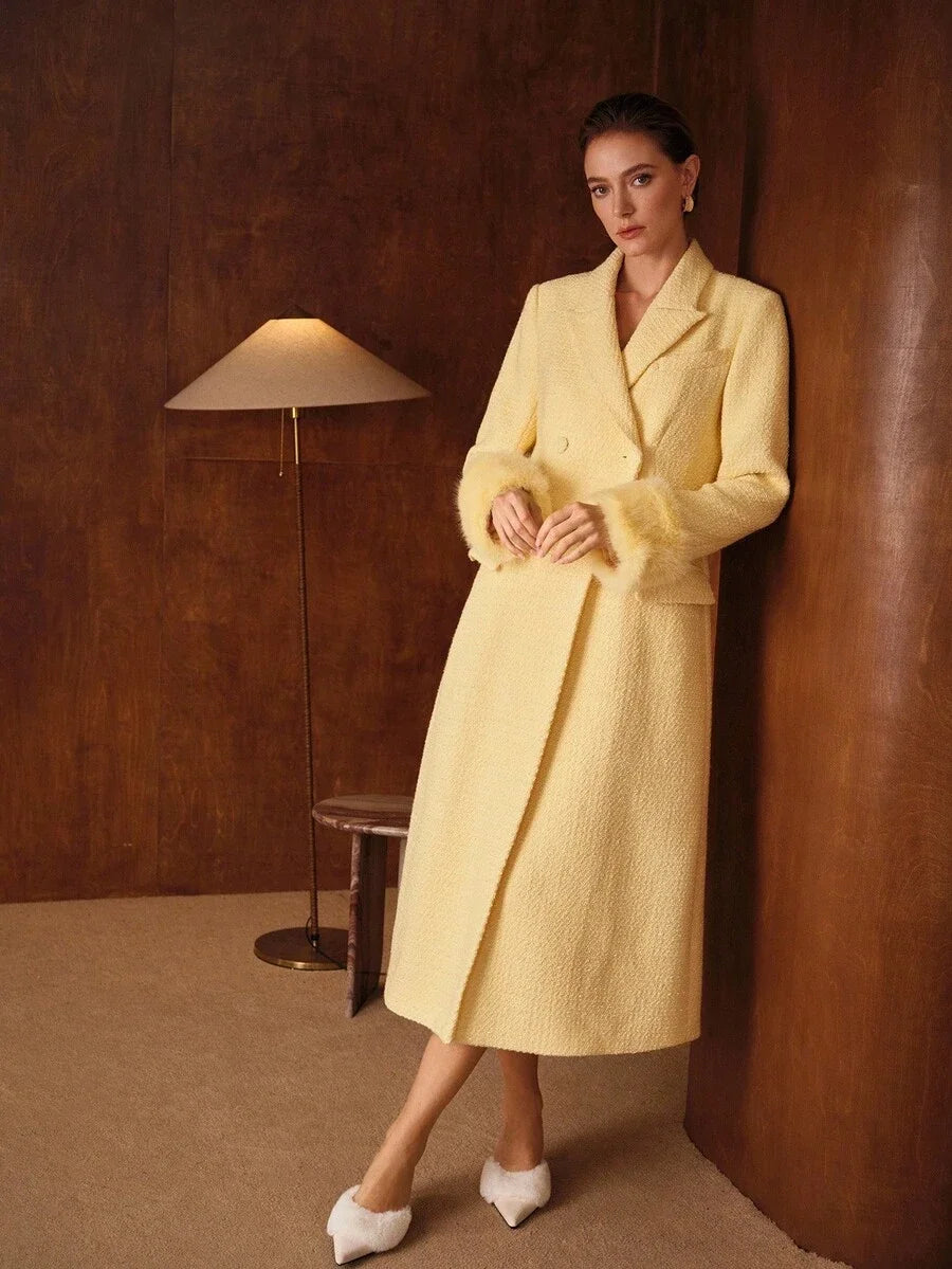 PREMIUM PLUSH SLEEVE PATCHWORK LONG WOOL BLEND OVERCOAT AUTUMNWINTER