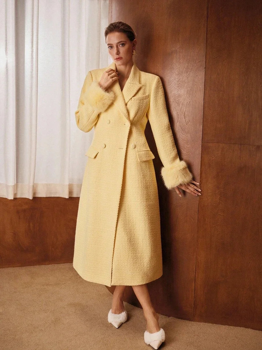PREMIUM PLUSH SLEEVE PATCHWORK LONG WOOL BLEND OVERCOAT AUTUMNWINTER