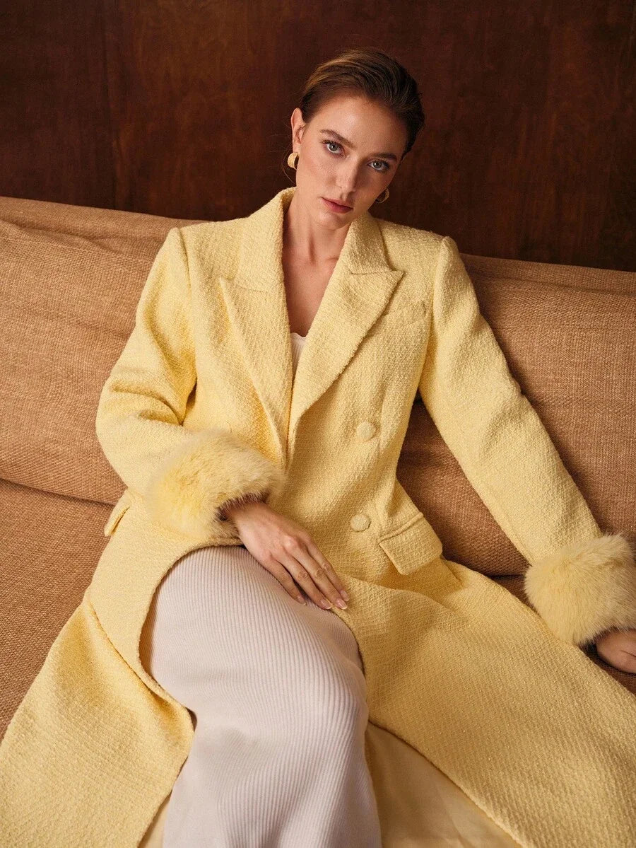 PREMIUM PLUSH SLEEVE PATCHWORK LONG WOOL BLEND OVERCOAT AUTUMNWINTER