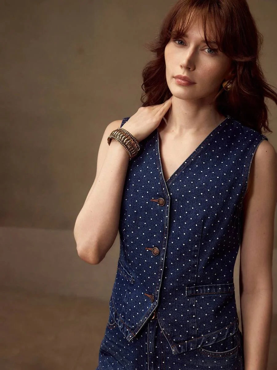 PREMIUM POLKA DOT PRINT BUTTON UP WAISTCOAT amp JEANS DENIM SET