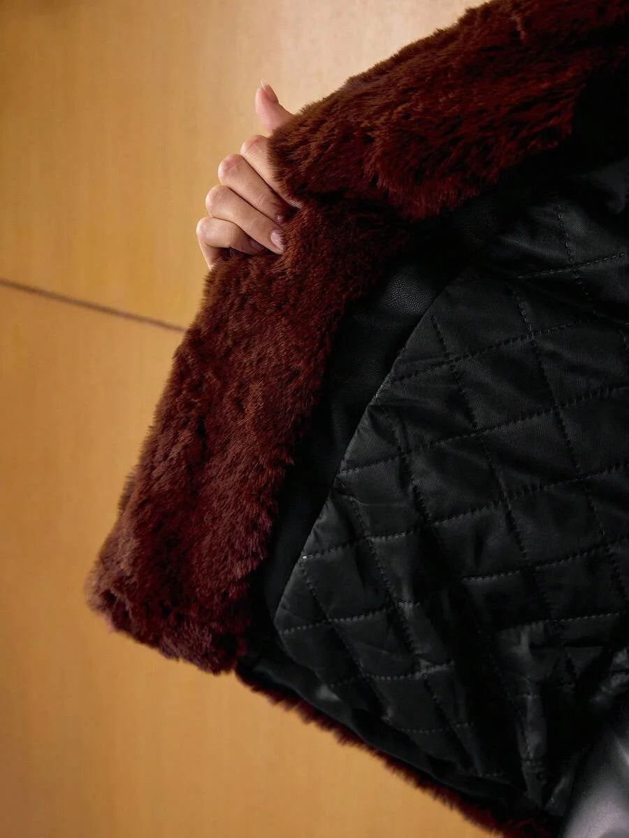 PREMIUM PU LEATHER CONTRAST FUZZY PANEL SHAWL COLLAR BELTED COAT FALL WINTER