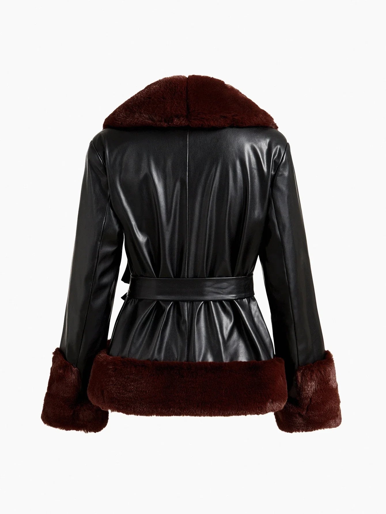 PREMIUM PU LEATHER PATCHWORK FAUX FUR COLLAR BELTED COAT FOR WOMEN