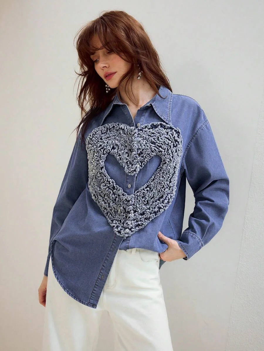 PREMIUM RAW EDGE HEART PATTERN DROP SHOULDER OVERSIZE DENIM SHIRT