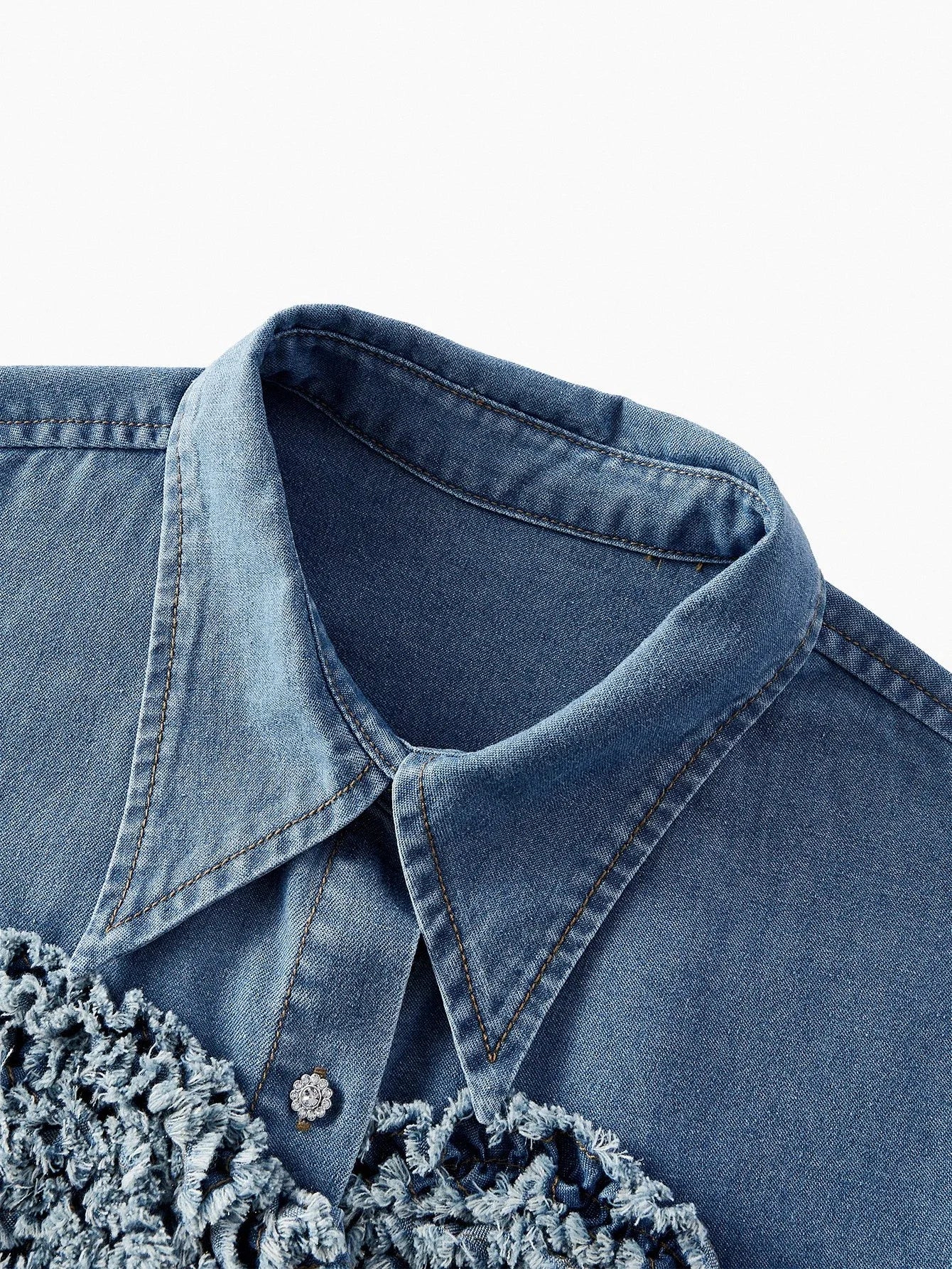 PREMIUM RAW EDGE HEART PATTERN DROP SHOULDER OVERSIZE DENIM SHIRT