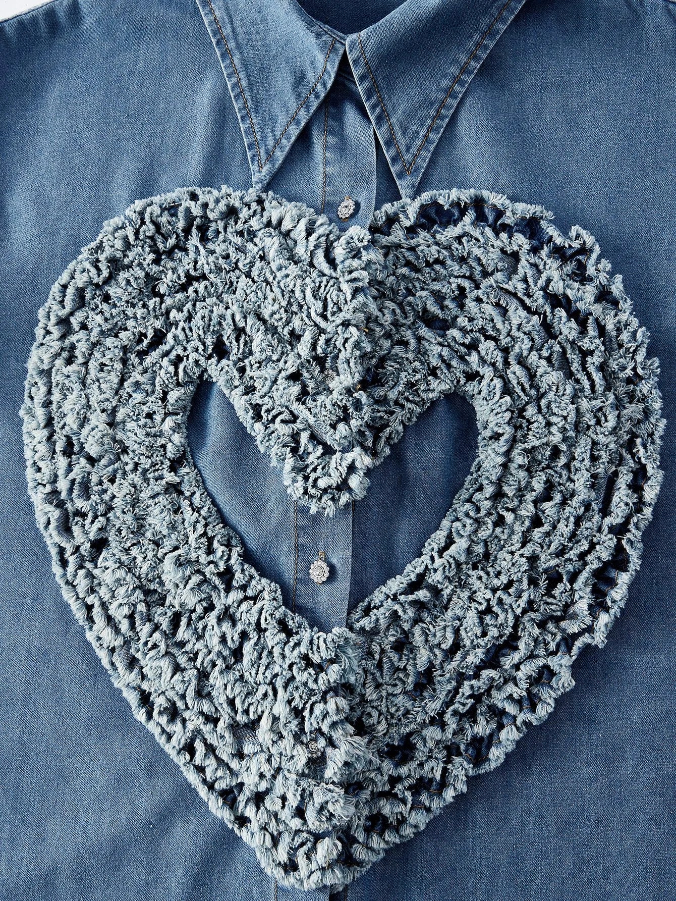 PREMIUM RAW EDGE HEART PATTERN DROP SHOULDER OVERSIZE DENIM SHIRT