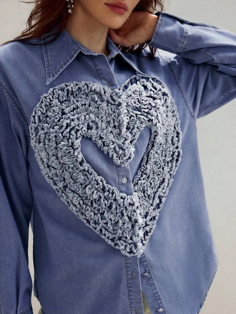 PREMIUM RAW EDGE HEART PATTERN DROP SHOULDER OVERSIZE DENIM SHIRT