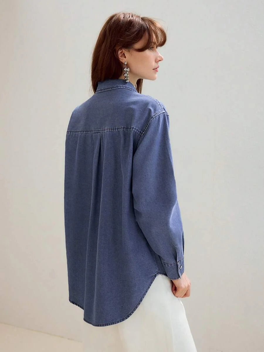 PREMIUM RAW EDGE HEART PATTERN DROP SHOULDER OVERSIZE DENIM SHIRT