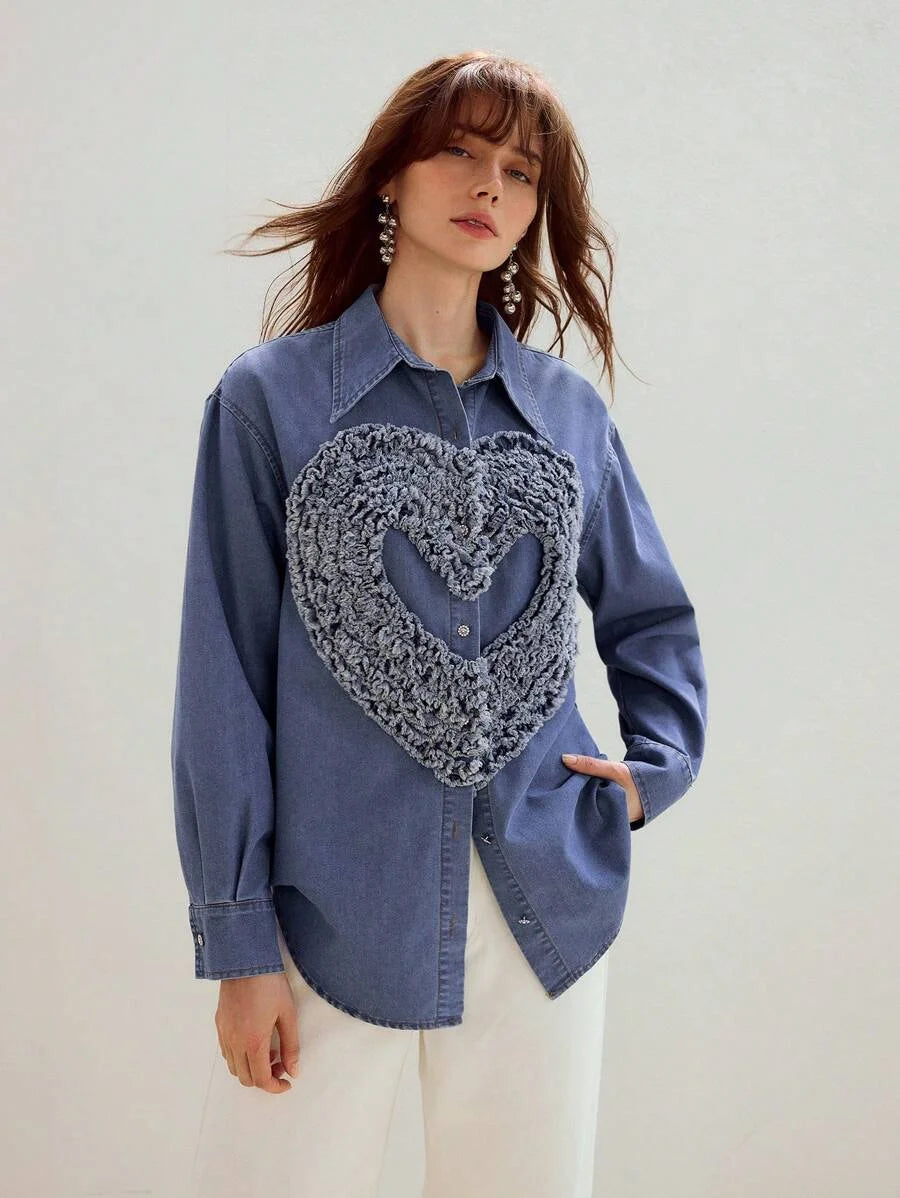 PREMIUM RAW EDGE HEART PATTERN DROP SHOULDER OVERSIZE DENIM SHIRT